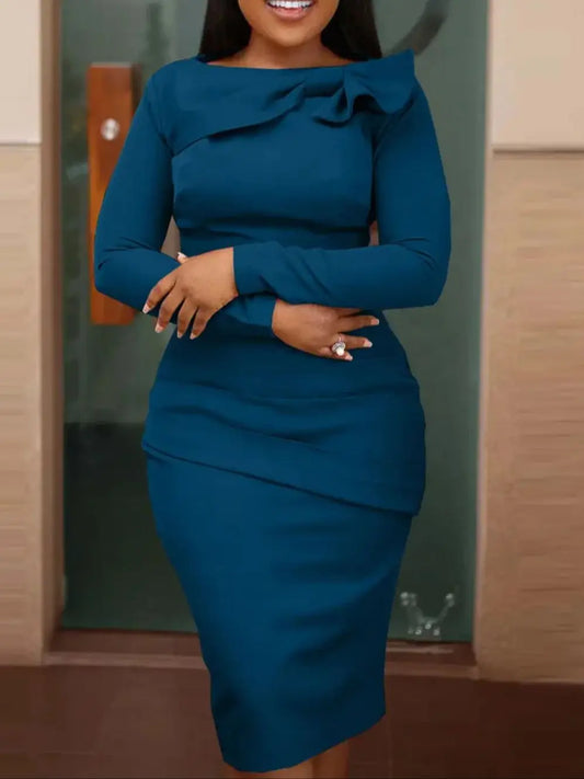 Women's Elegant Long Sleeve Denim Midi Dress - Turndown Collar, Side Slit & Button-Up Front - Asymmetrical Hem 100% Cotton Light