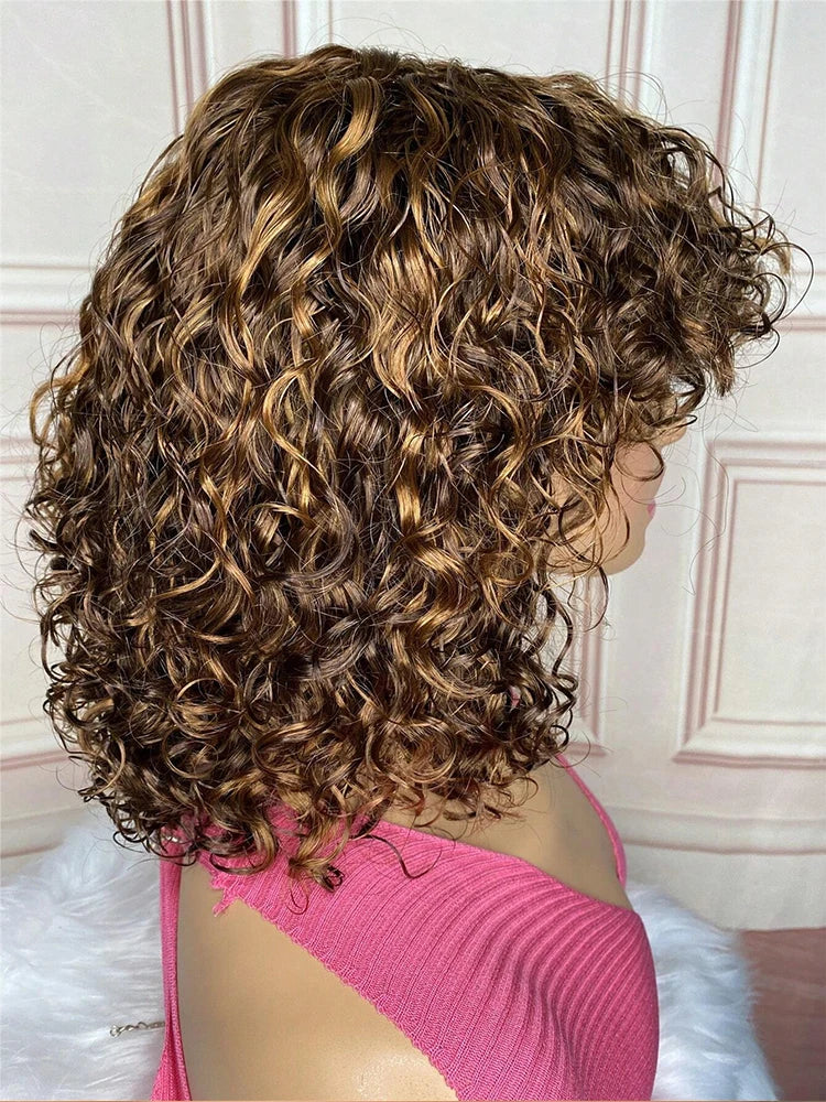 Jerry Curly Short Pixie Bob Cut Human Hair Wigs With Bang Honey Blonde Ombre Color For Black Women Remy Hair Full Machine Made