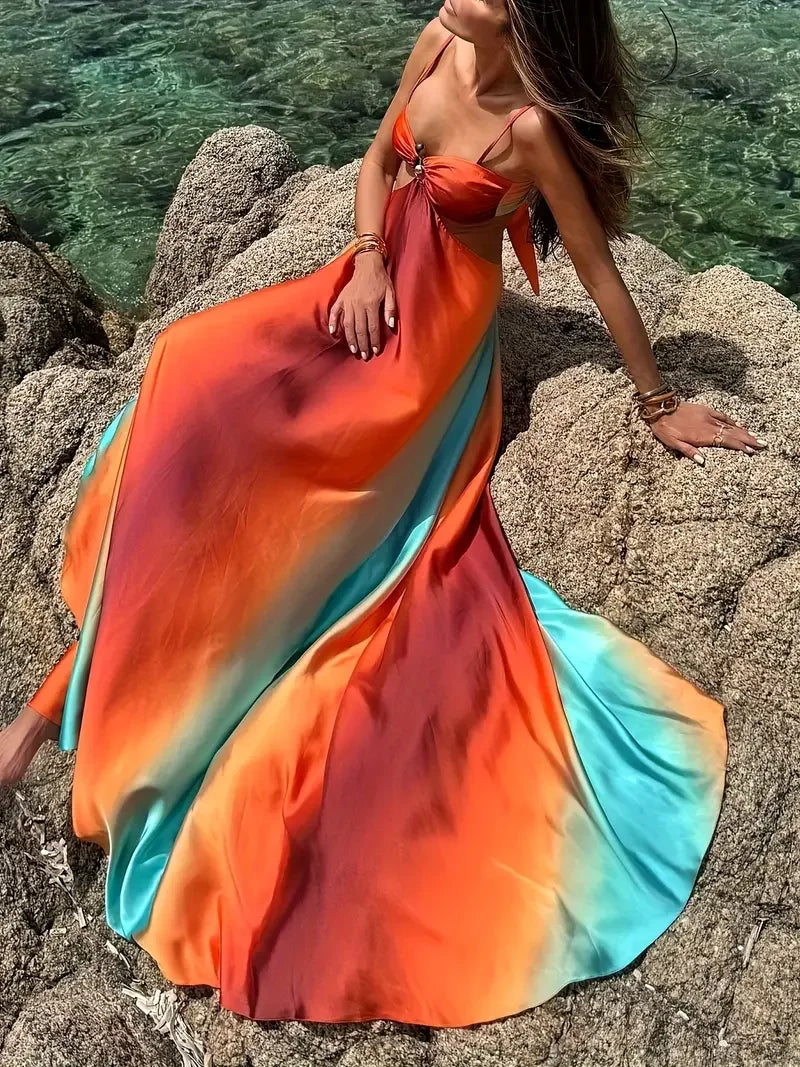 Sexy Striped Maxi Dress - Gradient Orange Blue Sleeveless Backless Cami Dress with Cut-Out Detail for Beach & Party