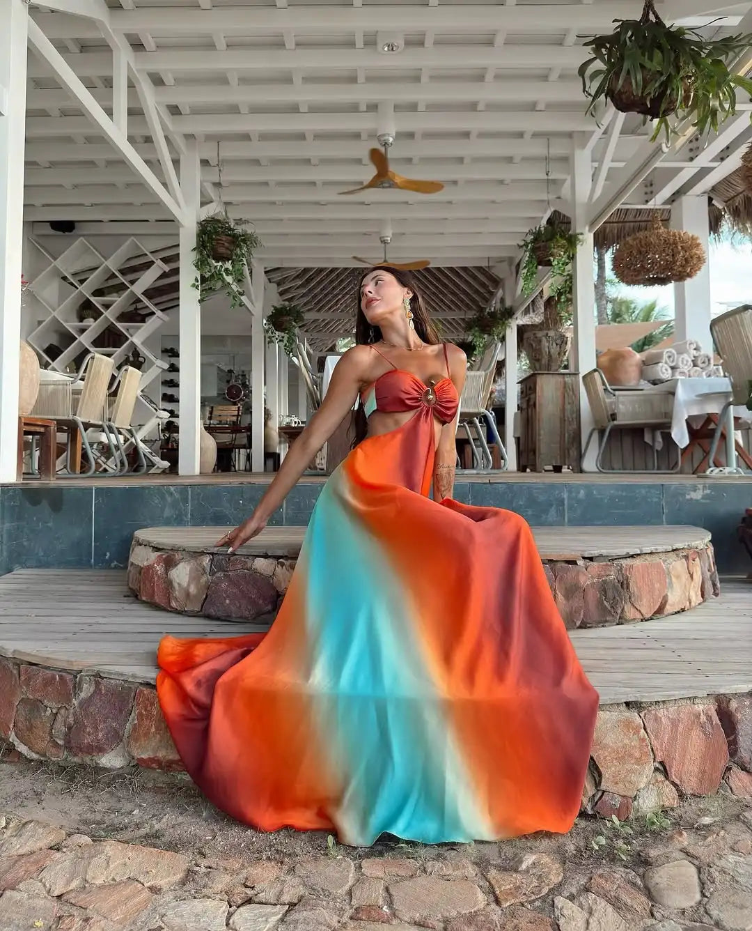 Sexy Striped Maxi Dress - Gradient Orange Blue Sleeveless Backless Cami Dress with Cut-Out Detail for Beach & Party