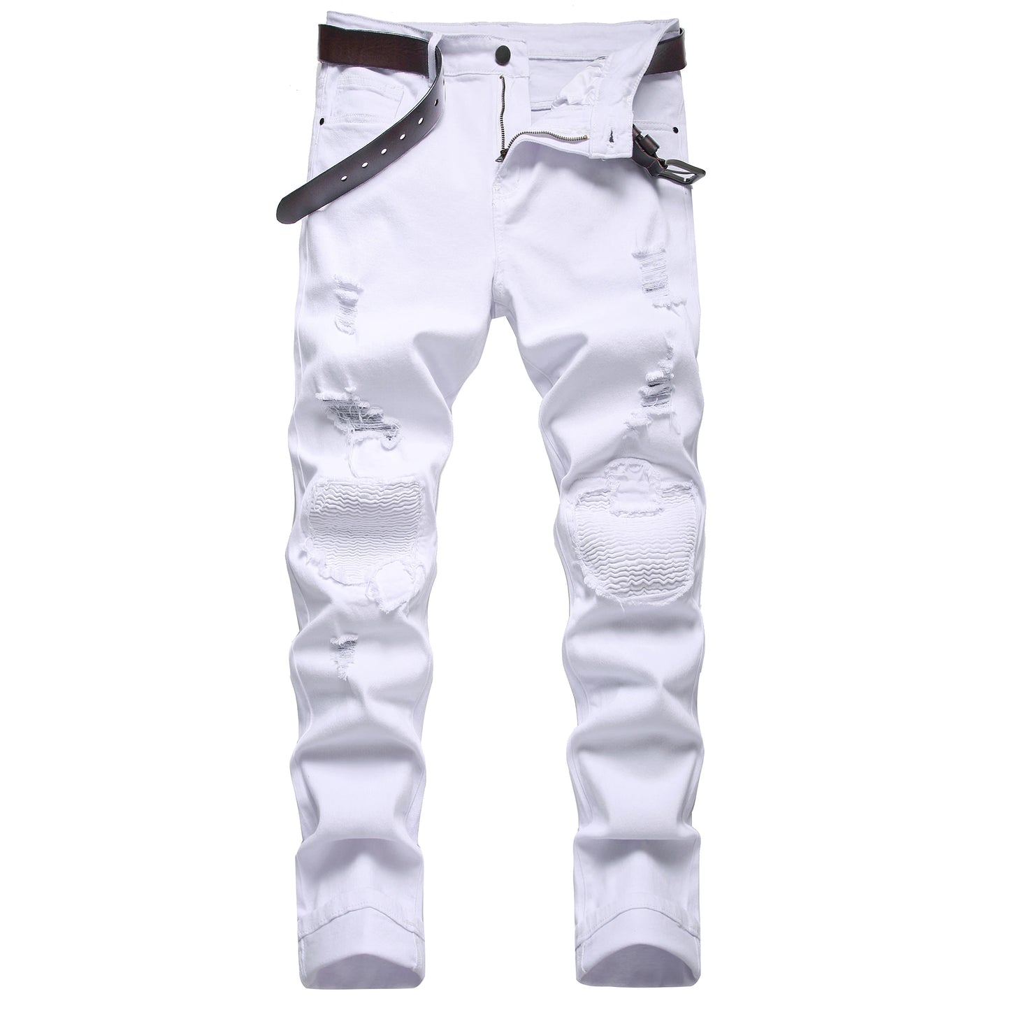 Men's White Slim Straight Biker Jeans, Fashion Hole Casual Jeans, Suitable for All Seasons 1091W