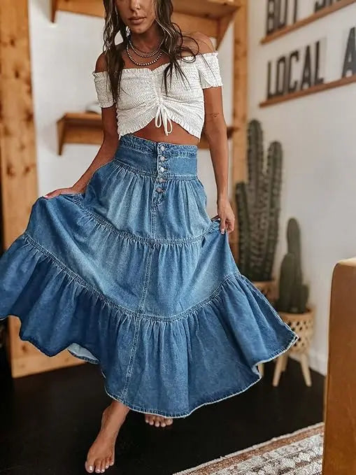 Women's Bohemian A-Line Denim Skirt - Layered Cake Ruffle Design, High Waist Vintage Fashion, Casual Streetwear for Spring Summe