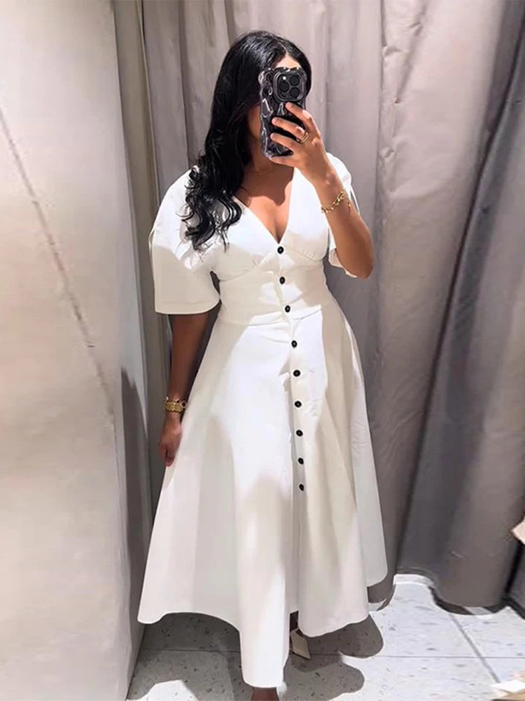 Elegant Single Breasted Long Dress Women White V-Neck Short Sleeve Female Party A-line Dresses 2025 Summer Lady Vacation Robes