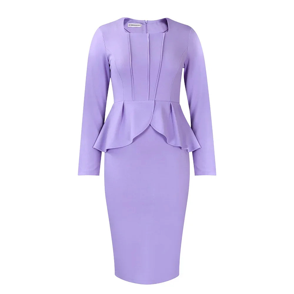 Women Solid Color Dress Long Sleeved Square Neck Conservative OL Elegant Ruffled African Dress 2024 Autumn New Hip Hugging Dress