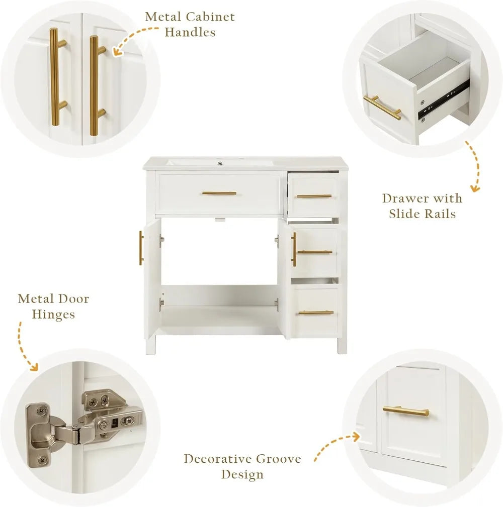 36" Bathroom Vanity with Offset Sink, Freestanding Bathroom Sink Cabinet with 3 Drawers & 2 Doors, Solid Wood Bathroom Vanity