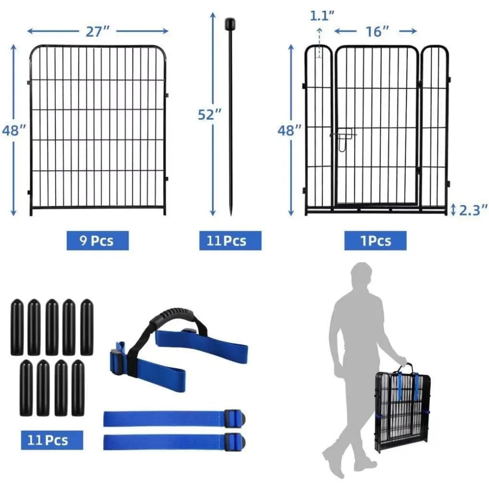 Tall Garden Fence, 48 in(H) 10 Panels Heavy Duty Iron Metal Animal Barrier Fence, Indoor or Outdoor Dog Playpen,