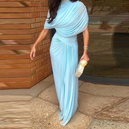 Elegant Shawl Collar Long Party Dress Pleated Sleeveless Asymmetric Female Dresses 2025 Spring Summer Lady Solid Evening Gowns