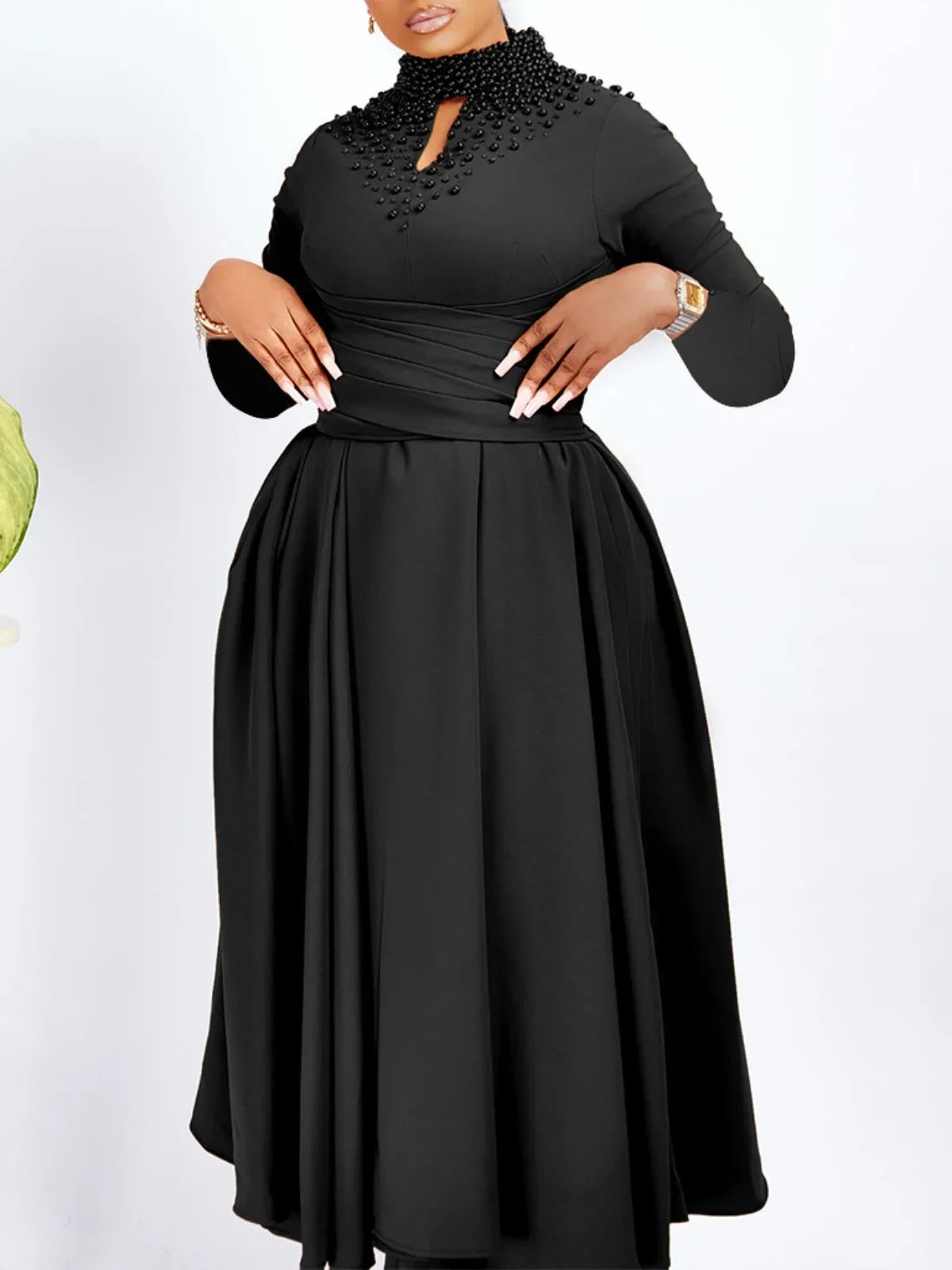 Women's Solid Color 2024 Autumn New Long Sleeve Fashionable High Neck Hollow Out Elegant Beaded Hem Cinched Waist Long Dress