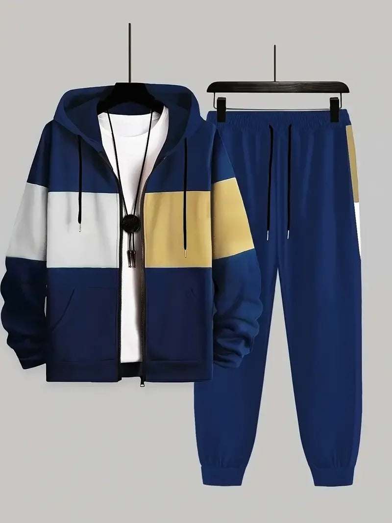 Large men's 2-piece set, contrasting hooded jacket and jogging pants set for spring, autumn, and winter, men's clothing