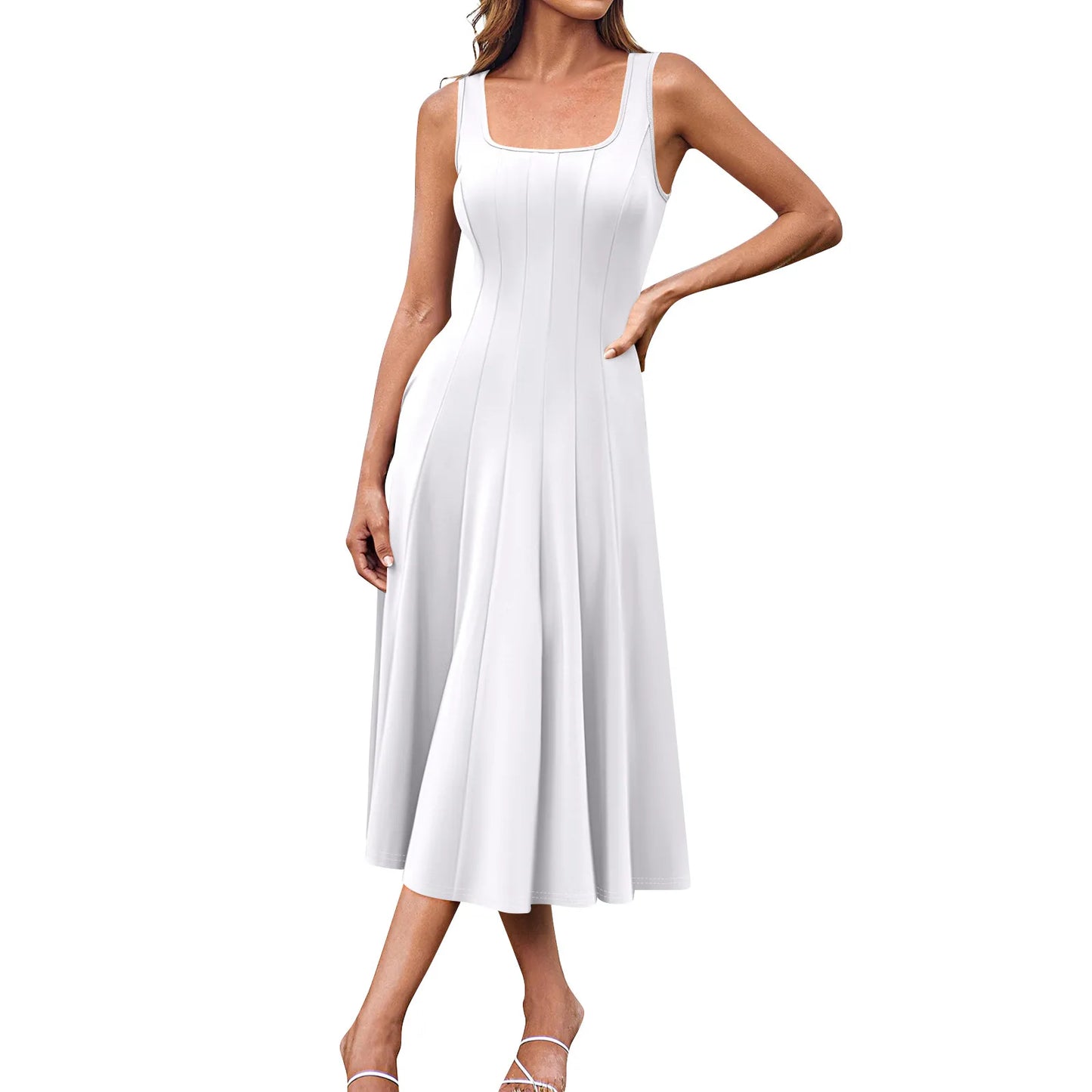 Women's Elegant solid color dress Spring Summer Casual Fashion long dresses Round Neck Sleeveless Side Pocket Midi Dress
