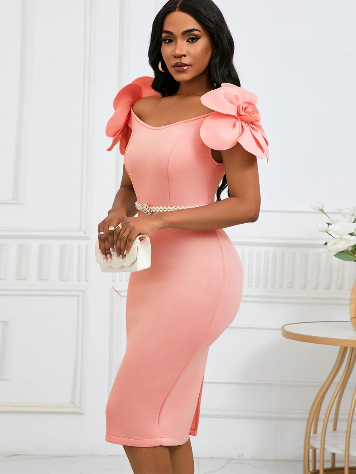 Sexy Slim Solid Color Evening Dress for Women 3D Flower Elegant Temperament Dress Belt Banquet Buttocks Wrapped Skirt 2024 New