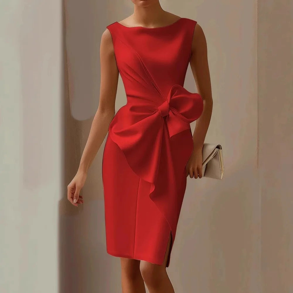 Sexy Sleeveless Hollow Midi Dresses Elegant O Neck Waist Cinched Bow Wrapped Dress Women Office Party Dress 2025 New Vestidos