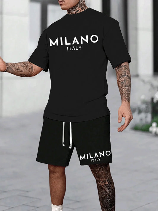MILANO ITALY Letter Print Men's Two-Piece Set,Casual round neck short sleeves T Shirt and Pocket Drawstring Shorts,Cool and Comf