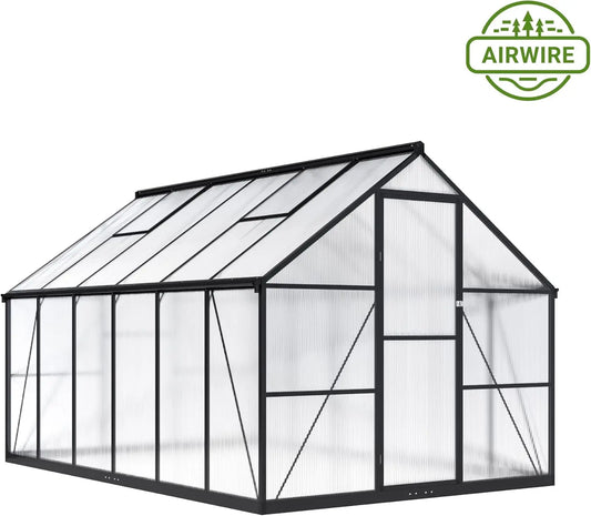 8x12 FT Greenhouse for Outdoors, Quick Setup Polycarbonate Greenhouse with Roof Vent,