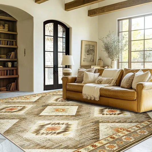 6x9 Area Rug Machine Washable Non-Slip Low Pile Print Pattern Western and Aztec Rug for Living Room Bedroom