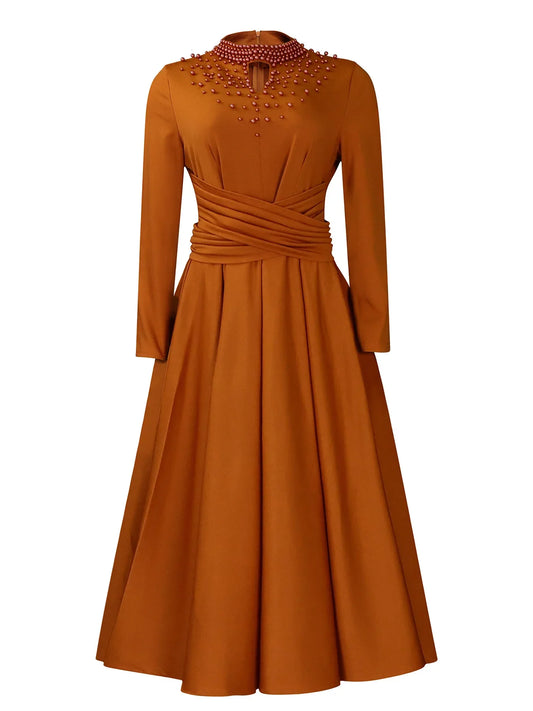 Women's Solid Color 2024 Autumn New Long Sleeve Fashionable High Neck Hollow Out Elegant Beaded Hem Cinched Waist Long Dress