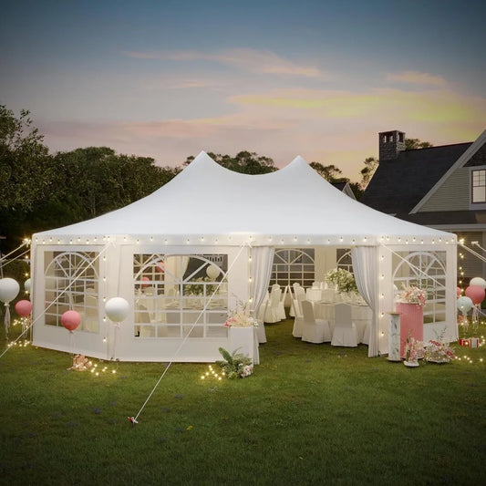 29x23ft Party Tent, White Wedding Tent, Dodecagonal Heavy Duty Canopy with Removable Sidewalls, 10 Church Windows and 2 Pull-Ba