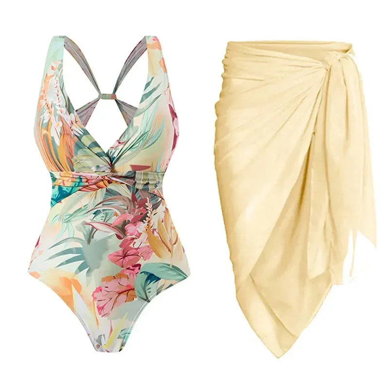 One-piece Bikini Set 2024 Women Floral Print V-neck Swimsuit Sexy High Waist Beach Skirt Bathing Suit Swimwear Summer Monokini