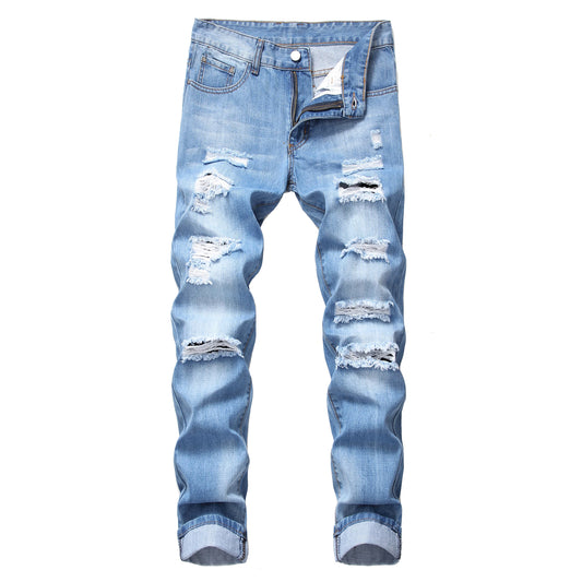Men's Light Blue Jeans; Men's Fashionable Distressed Jeans; Party Suitable Jeans 305L
