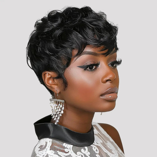 short curly pixie cut 6inch machine made black color 150% density  Mother's day gift human hair wig daily darty cospaly use wig