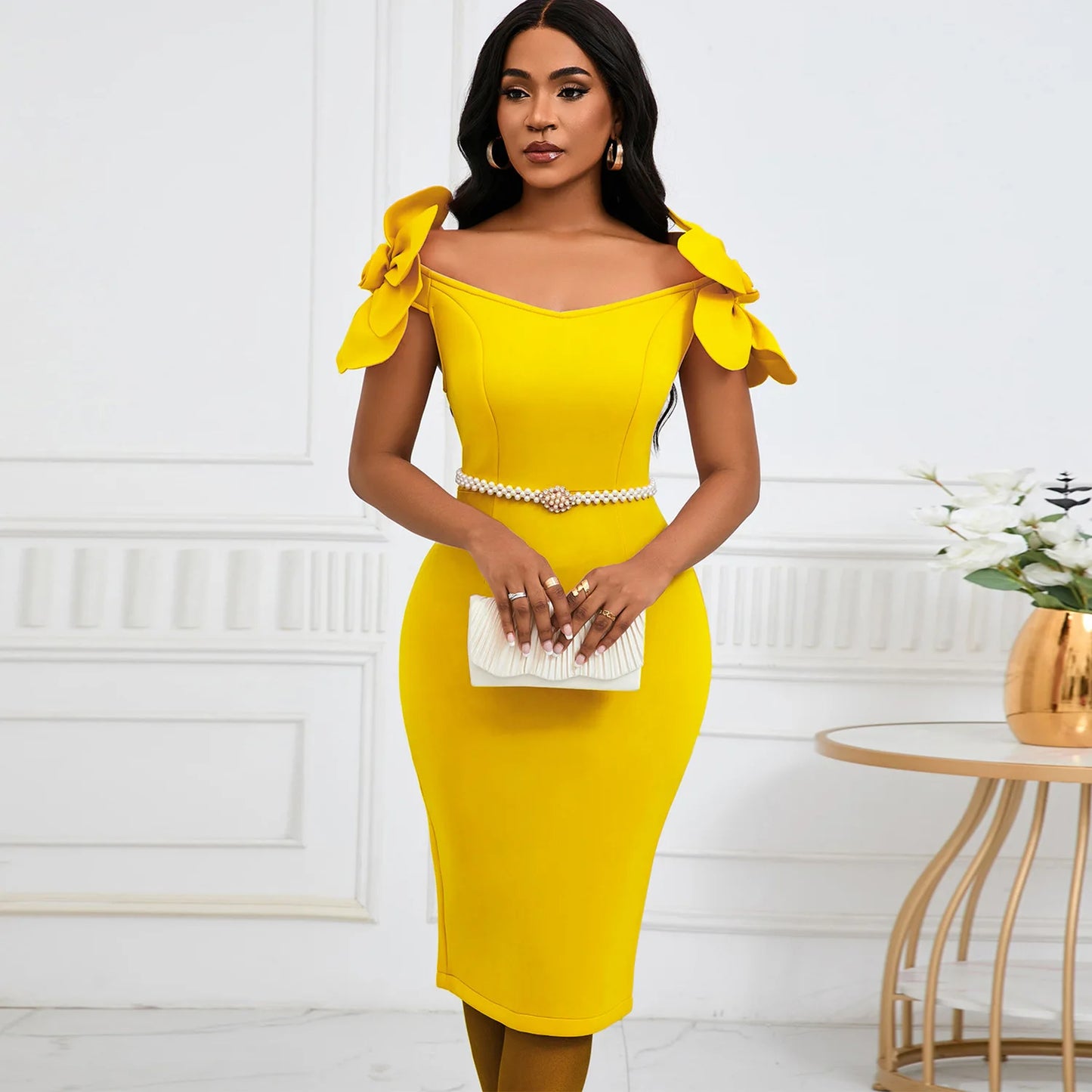 Sexy Slim Solid Color Evening Dress for Women 3D Flower Elegant Temperament Dress Belt Banquet Buttocks Wrapped Skirt 2024 New