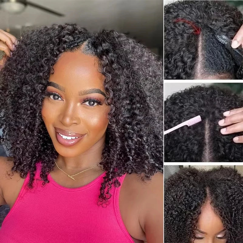 Glueless Kinky Curly V Part Wig Human Hair No Lace Wig Deep Wave Frontal Wig Water Wave Human Hair Wig Brazilian Hair For Women