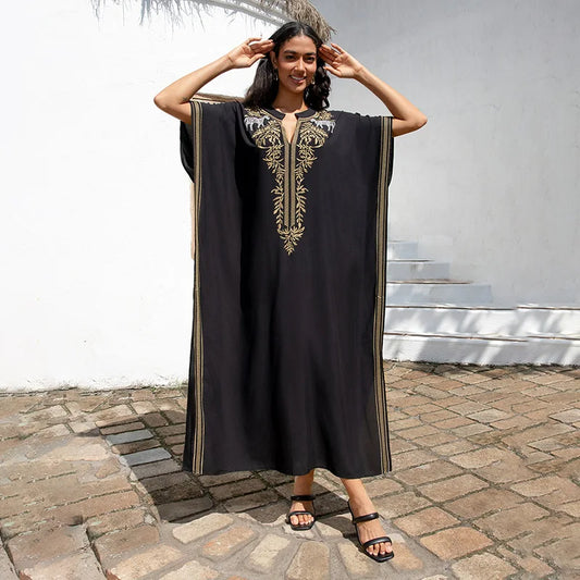 2025 New Embroidery Black Women Cover-ups Swimsuit Loose Fitting Long Robe Beach Vacation V-neck Sunscreen Clothing Bikini