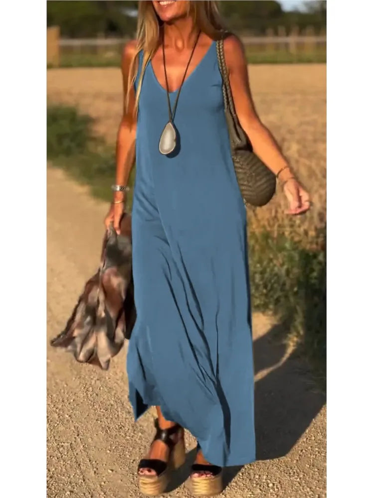 2025 Summer New Women's Fashion Solid Color Sexy V-neck Sleeveless Strap Casual Loose Long Ankle Dress