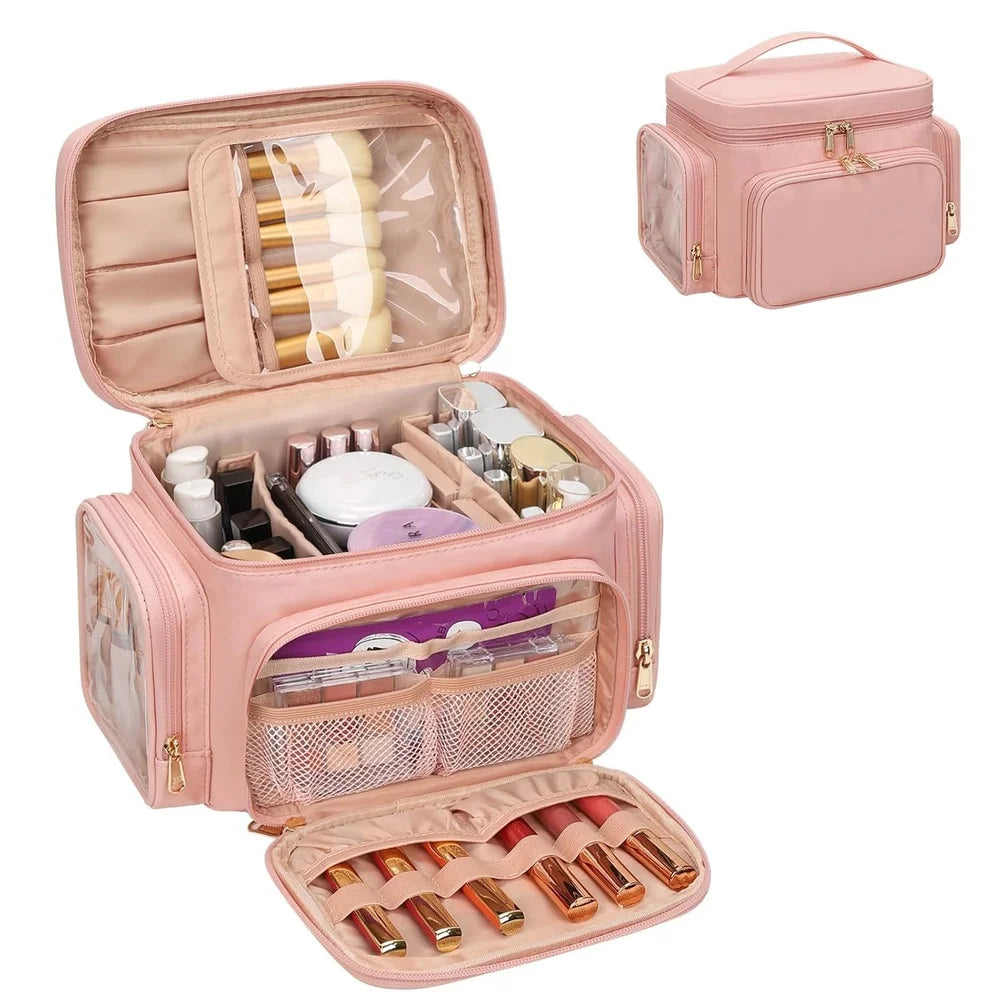Large Portable Makeup Bag Organizer with Brush Compartment Travel Cosmetic Storage Waterproof Pockets Women and Girls