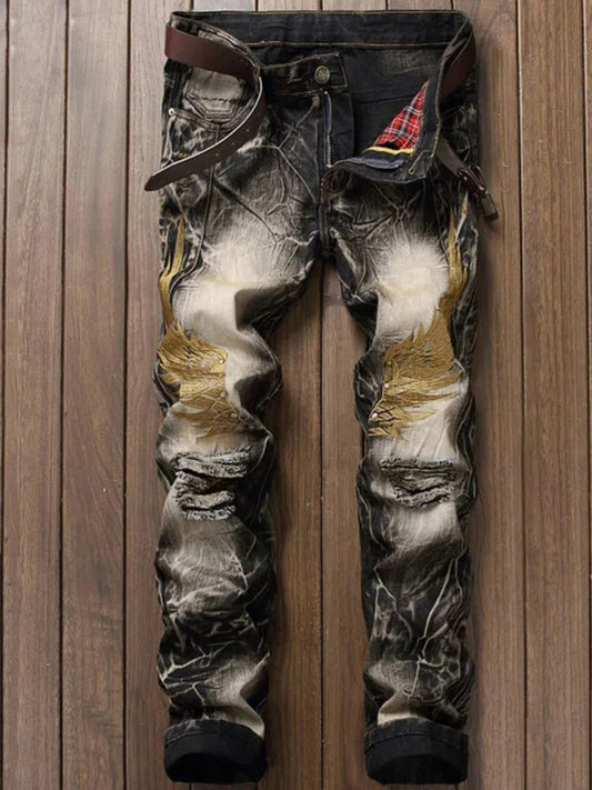 Jeans Men Street Personality Embroidered Wings Ripped Denim Pants Vintage Biker Pants