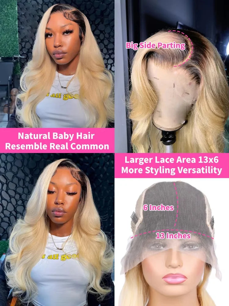 13x6 HD Transparent Lace Front Wig Brazilian Human Hair 1B 613 Blonde Ombre Body Wave 180 250 Density 28 Inch Realistic Hairline