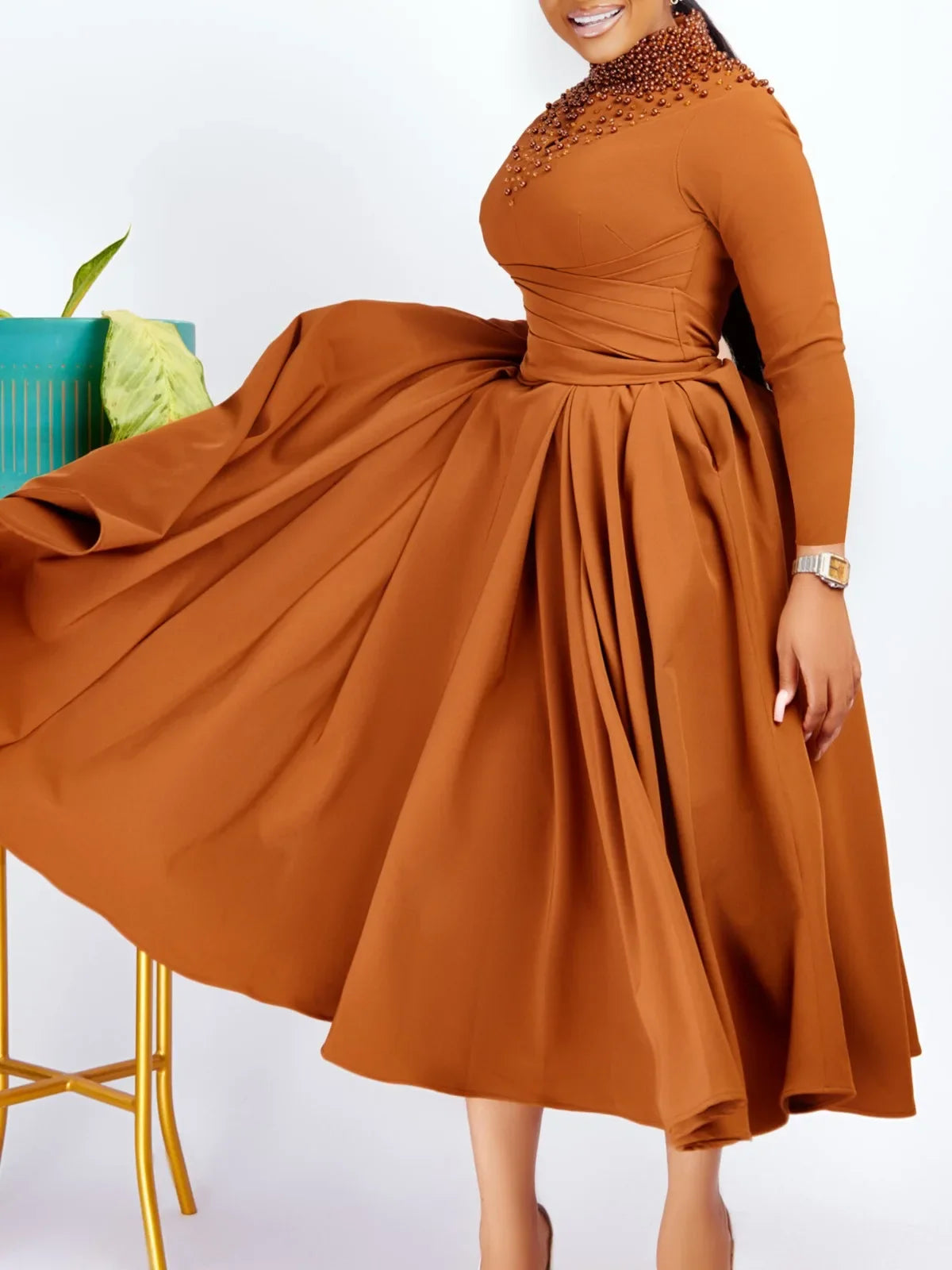 Women's Solid Color 2024 Autumn New Long Sleeve Fashionable High Neck Hollow Out Elegant Beaded Hem Cinched Waist Long Dress