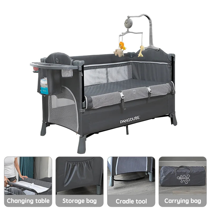 PANGDUBE 4-in-1 Baby Crib Multifunctional Convertible Bed with Rocker & Baby Playpen Newborn Changing Table Foldable Travel Cot
