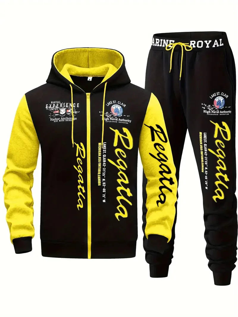 Men's hooded letter printed sportswear set, 2-piece casual sportswear set, fashionable hooded sweatshirt with full zipper and el