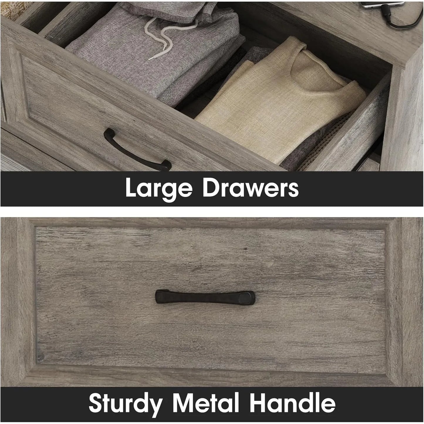 Dresser for Bedroom, 6 Drawer Wide Dresser Organizer with Charging Station, Dresser for Hallway, Wood Dresser with Metal Handles