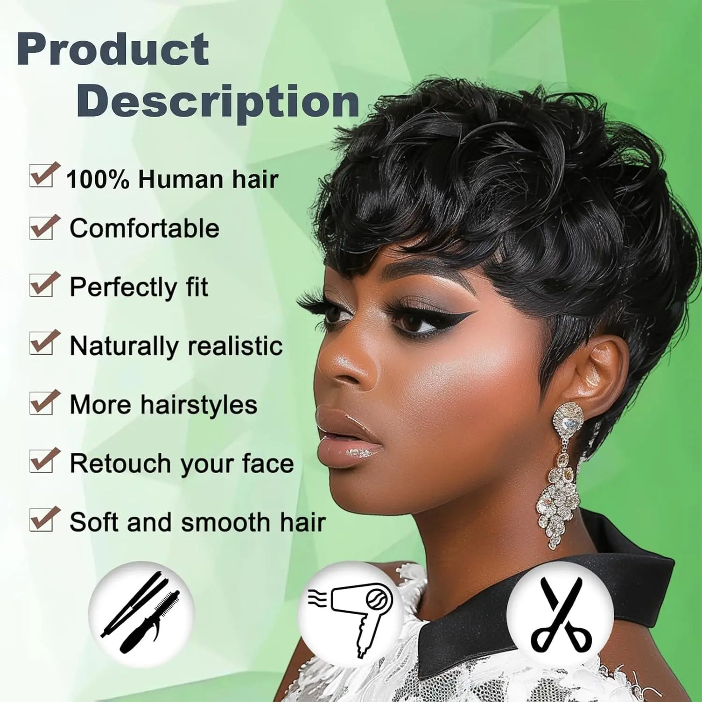 short curly pixie cut 6inch machine made black color 150% density Mother's day gift human hair wig daily darty cospaly use wig