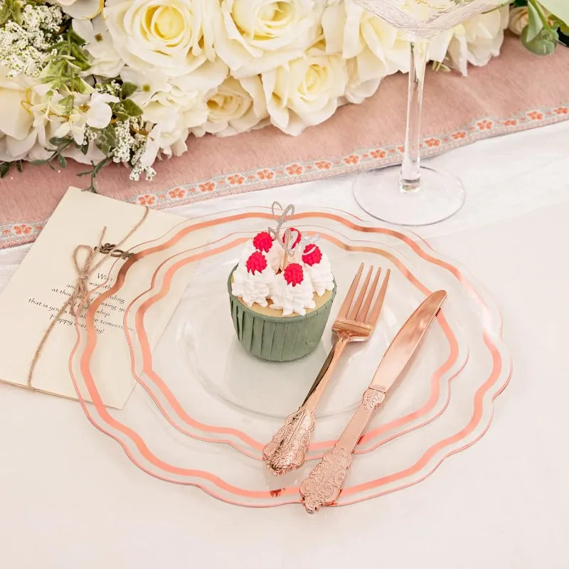 150PCS Rose Gold Plastic Plates&Rose Gold Silverware-Include 30Dinner Plates, 30Salad plates, 90 Disposable Rose Gold Utensils