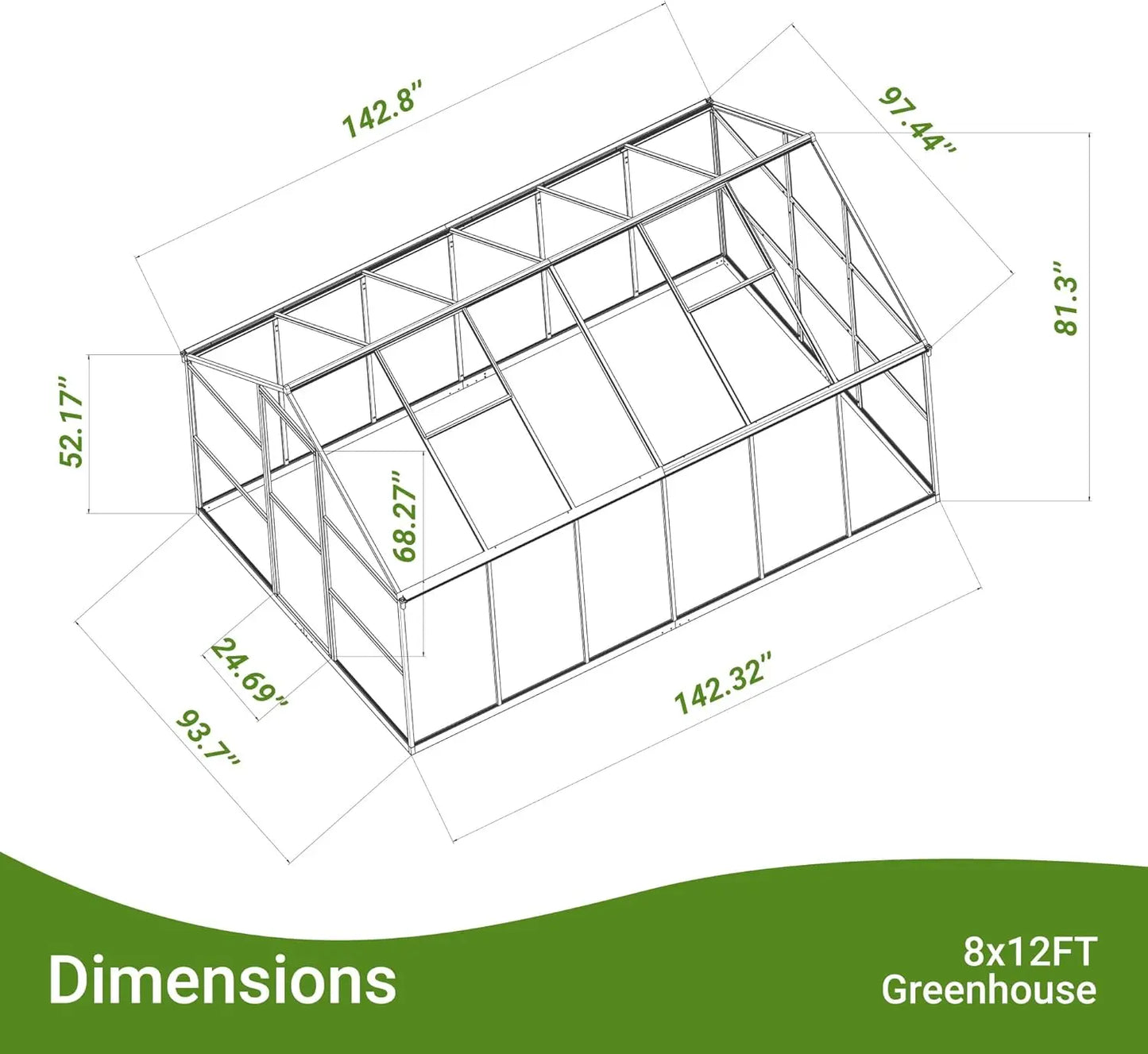 8x12 FT Greenhouse for Outdoors, Quick Setup Polycarbonate Greenhouse with Roof Vent,