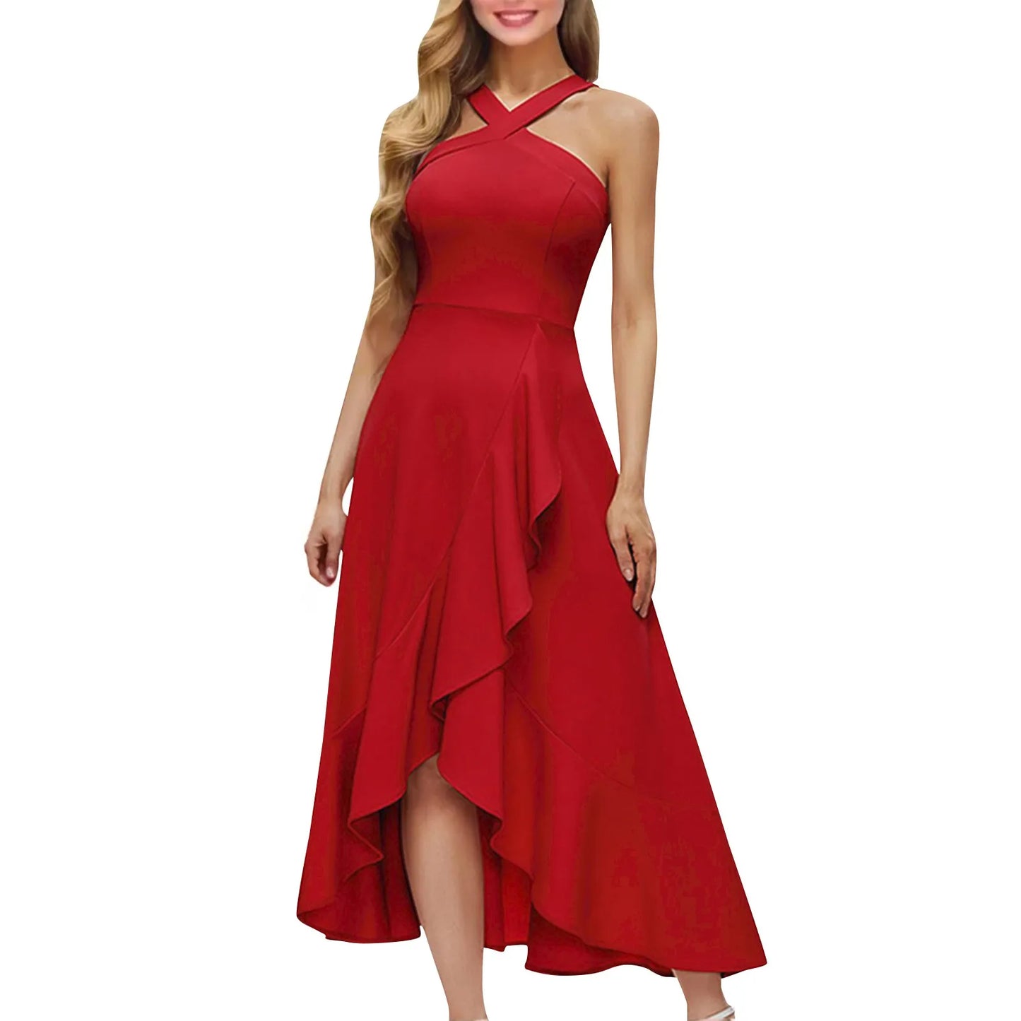 Party dresses for women Elegant halterneck sleeveless sexy evening dress Solid Color Ruffle design long dresses vestidos curtos