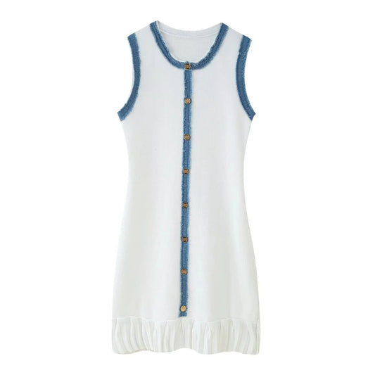Elegant Pleated Patchwork Knitted Mini Dress Women Summer O-Neck Sleeveless Single Breasted Dresses 2025 New Fashion White Dress