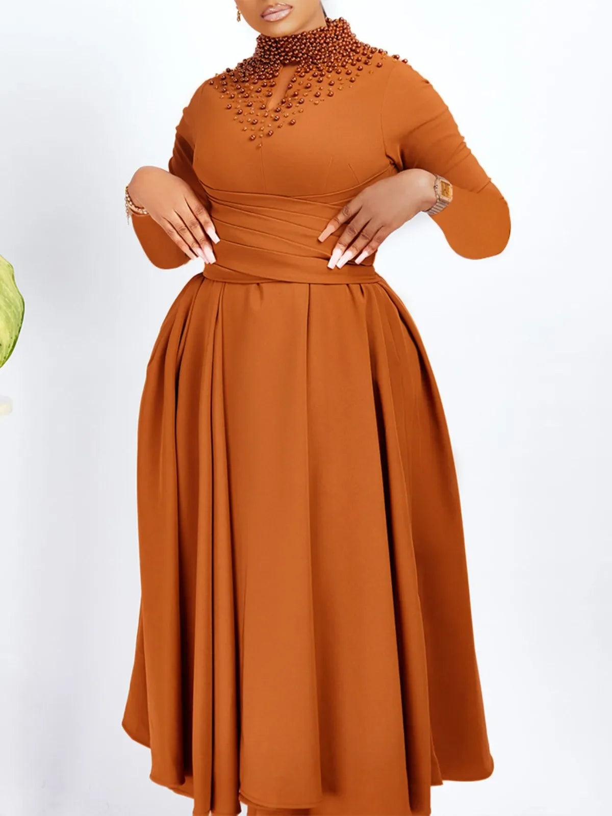 Women's Solid Color 2024 Autumn New Long Sleeve Fashionable High Neck Hollow Out Elegant Beaded Hem Cinched Waist Long Dress