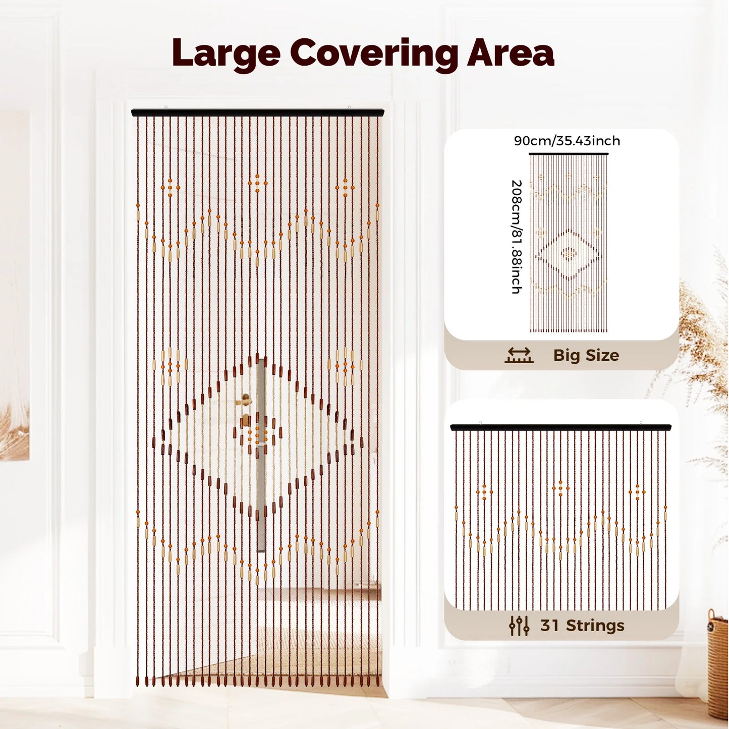 90x208cm 31 Line Retro Wooden Bead Curtain Blinds Door Curtain For Porch Bedroom Living Room Bathroom