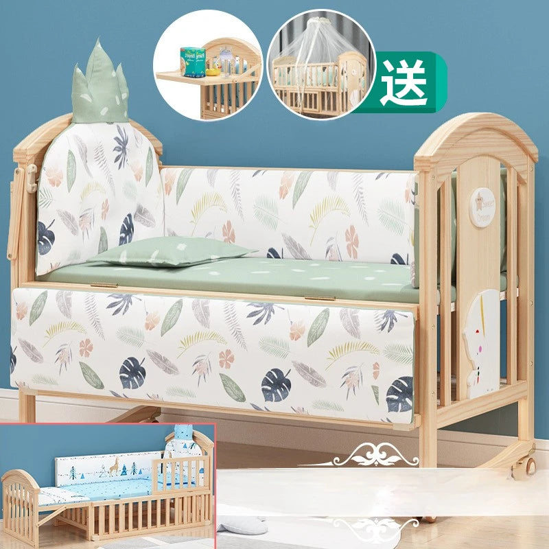 Comfortable Baby Bed,Solid Wood,Movable,with Diaper Changing Table and Mosquito Net,Multifunctional Baby Bed, Adjustable Height