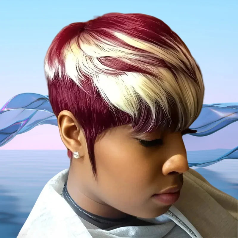 Short Pixie Cut Wig Human Hair For Women 6 inch 613/red straight hair Machine Made Wigs With Bangs Short Wig Human Hair Wigs