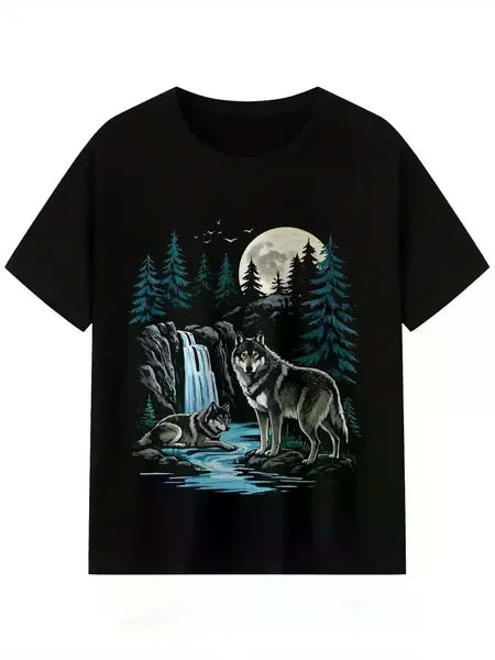 Wolves under the Moonlight Graphic Men'S Short Sleeve T-shirt, Comfy Stretchy Trendy Tees For Summer, Casual Daily Style Fashion