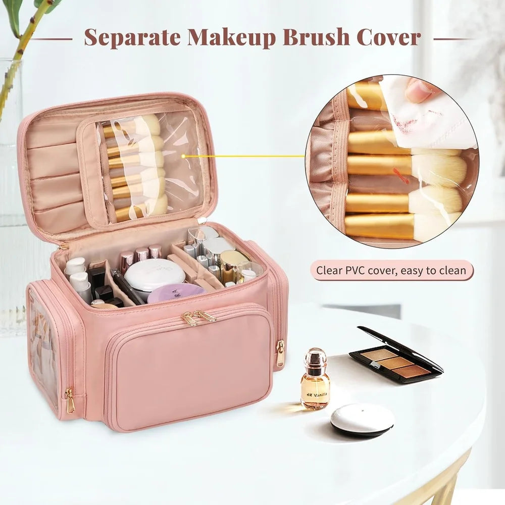 Large Portable Makeup Bag Organizer with Brush Compartment Travel Cosmetic Storage Waterproof Pockets Women and Girls