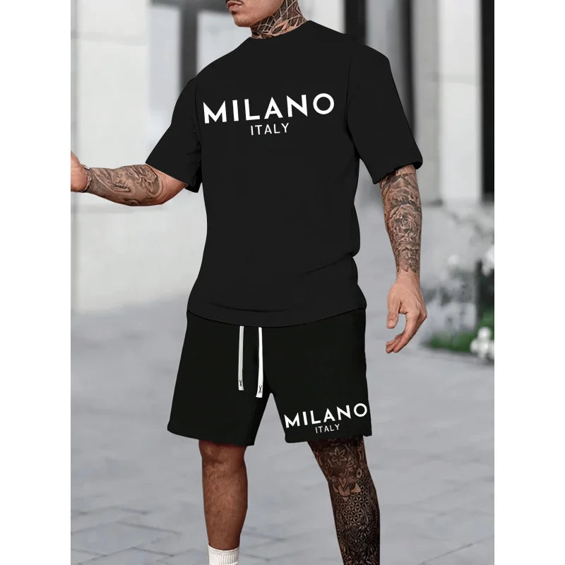 MILANO ITALY Letter Print Men's Two-Piece Set,Casual round neck short sleeves T Shirt and Pocket Drawstring Shorts,Cool and Comf