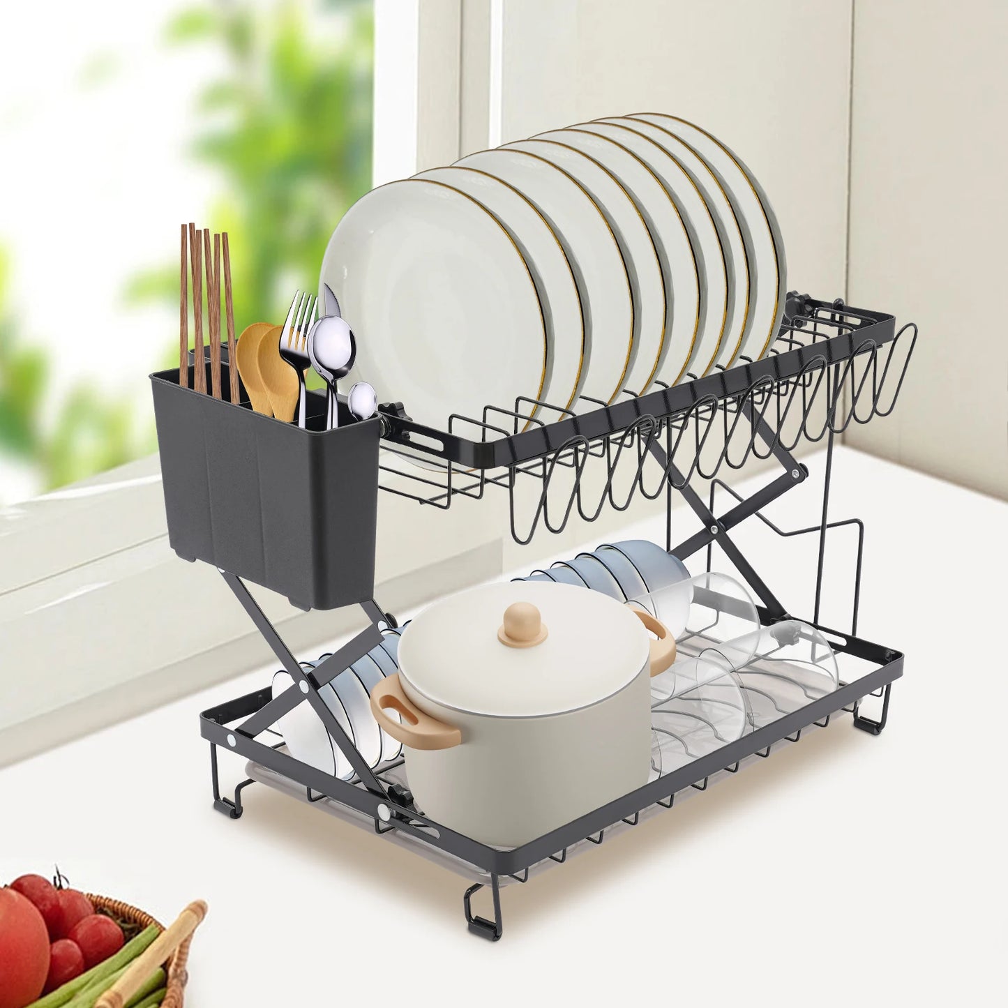 Kitchen storage shelf Collapsible dish tray tray storage rack Household countertop drain multi-functional rack Double layer