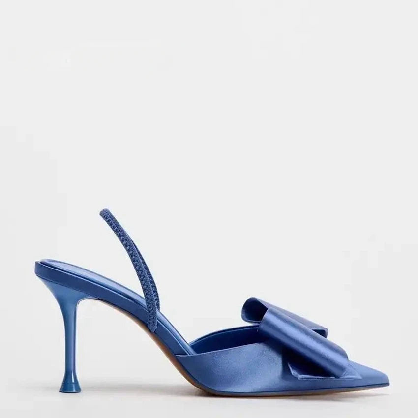 Fashion Bow knot High Heels Sandals Women 2025 Summer Slingback Pumps Vintage Satin Pointed Toe Heeled Elegant Party Lady Shoes