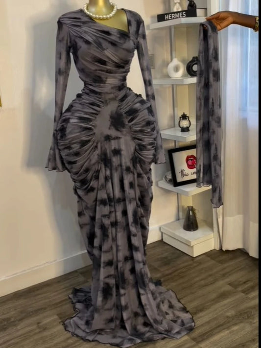 CM.YAYA Women Tie Dye Printed Skew Neck Flare Long Sleeve Ruched Stacked Maxi Long Dress 2025 Summer Birthday Sexy Party Dresses